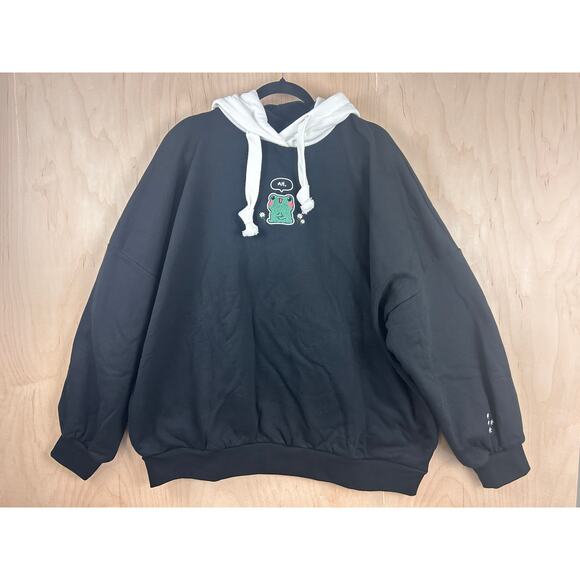 Fuwatty Frog Embroidered Hoodie Black XL Oversized Cute Kawaii Pullover - Picture 2 of 10